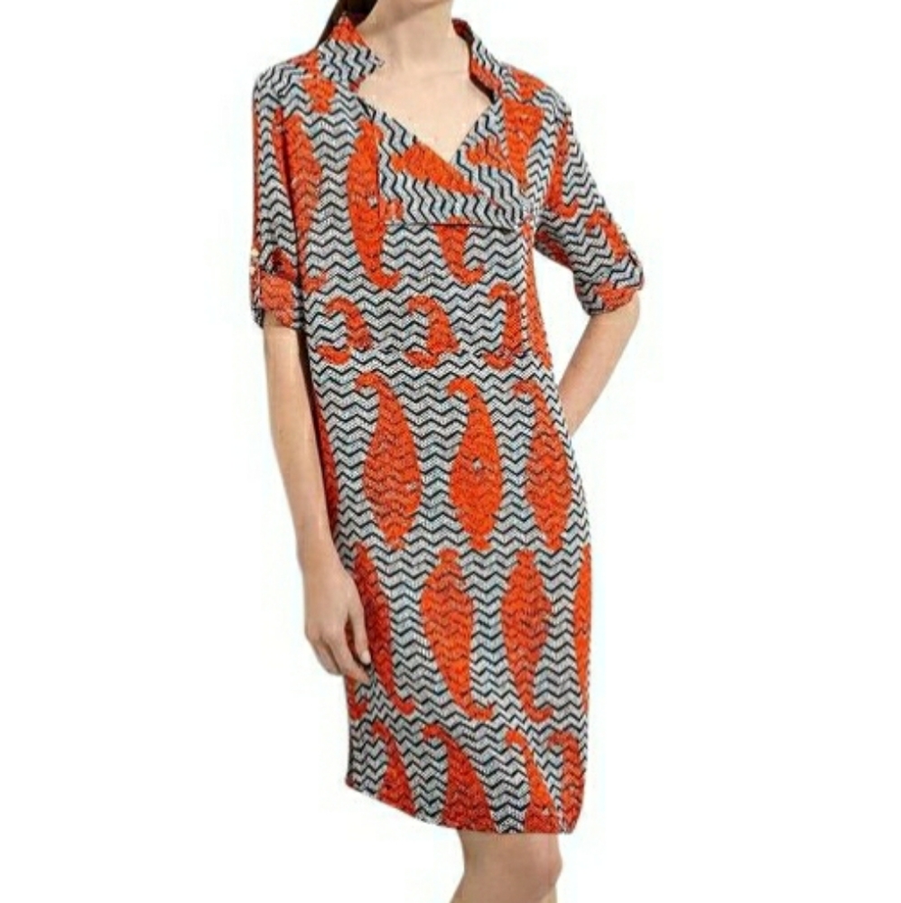 Tory Burch Thurman Belted Silk Dress Navy Orange 6